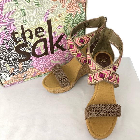 The Sak Wedge Sandal Cork Sz 8.5 Pink Aztec Embroidery Strap Crochet - Picture 2 of 12